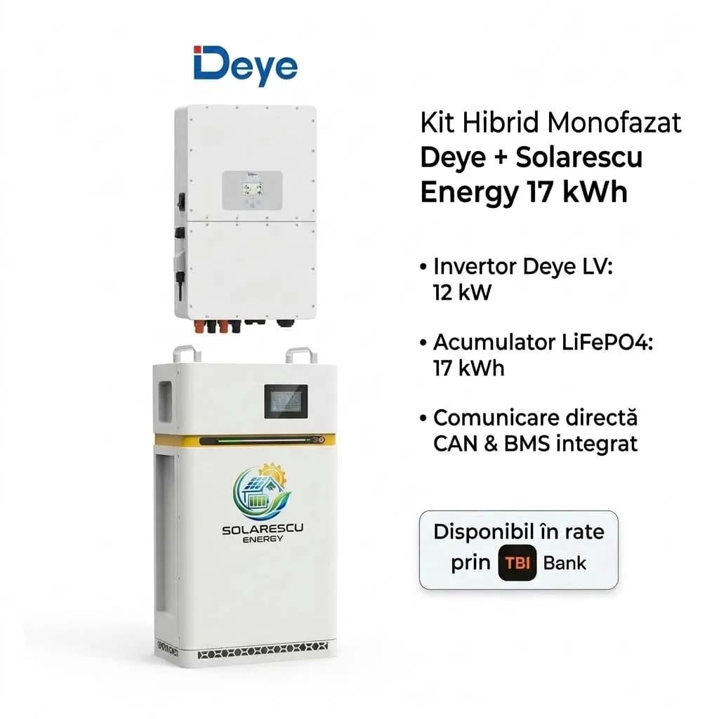 Kit Hibrid Monofazat Deye 12 kW LV + Acumulator LiFePO4 Solarescu Energy 17 kWh (Celule EVE MB31 + JK Smart BMS 2A)