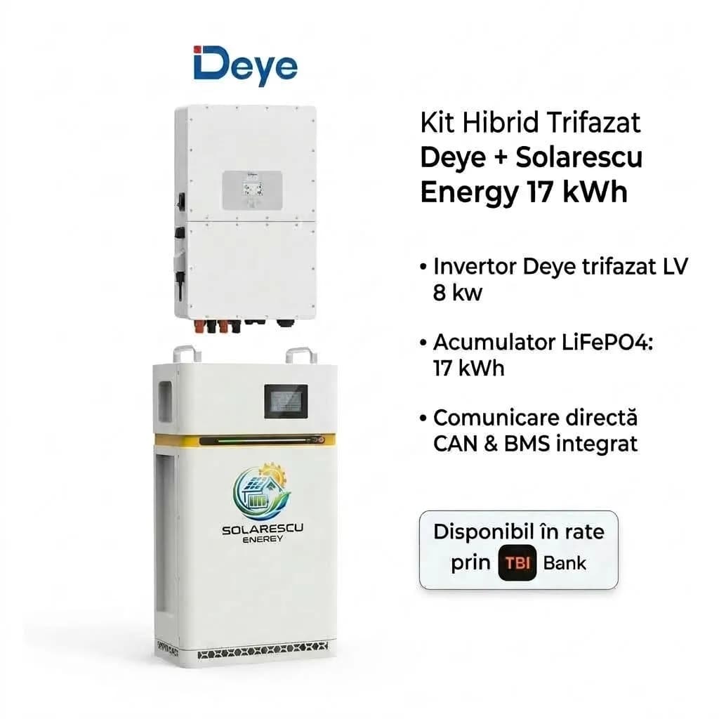 Kit Hibrid Trifazat Deye 8 kW LV + Acumulator LiFePO4 Solarescu Energy 17 kWh (Celule EVE MB31 + JK Smart BMS 2A)