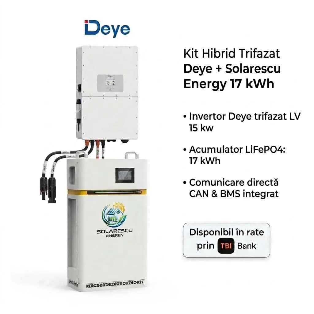 Kit Hibrid Trifazat Deye 15 kW LV + Acumulator LiFePO4 Solarescu Energy 17 kWh (Celule EVE MB31 + JK Smart BMS 2A)
