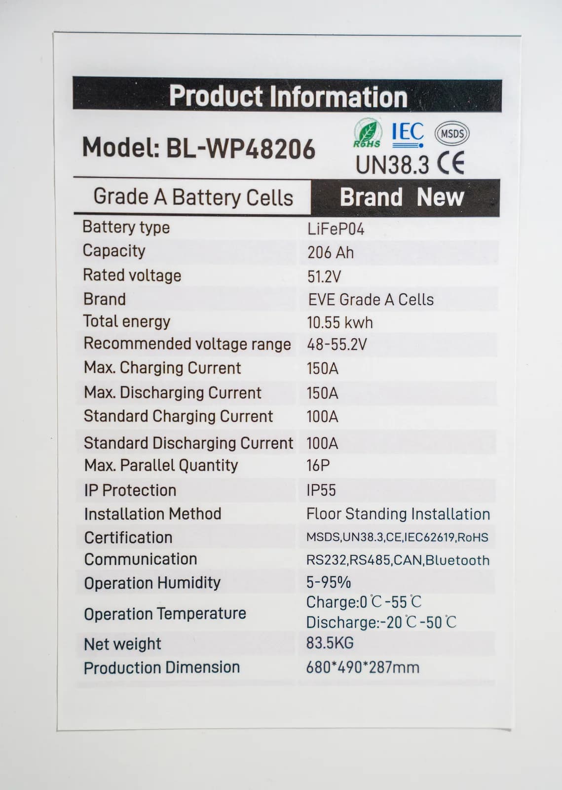 Baterie LiFePO4 48V (51.2V) 206Ah, 10.5 kWh Stocare Rezidențială Solarescu BL-WP48206, Celule EVE Grade A, Smart BMS JK 150A - poza 14