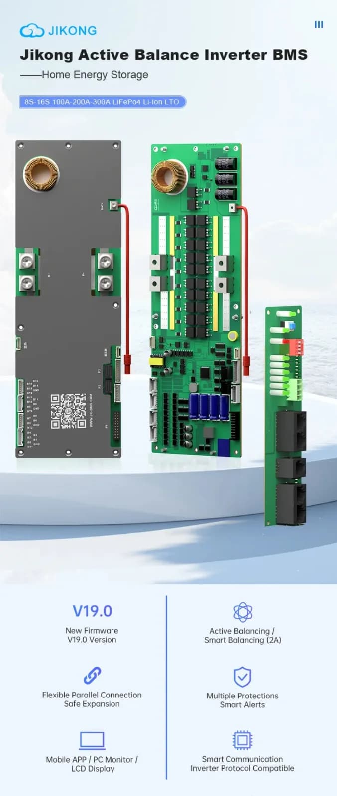 Smart BMS JK Invertor PB2A16S20P V19, 16S LiFePO4 (48V / 51.2V), Curent 200A (Vârf 350A), Balansare Activă 2A, CAN / RS485 / Bluetooth